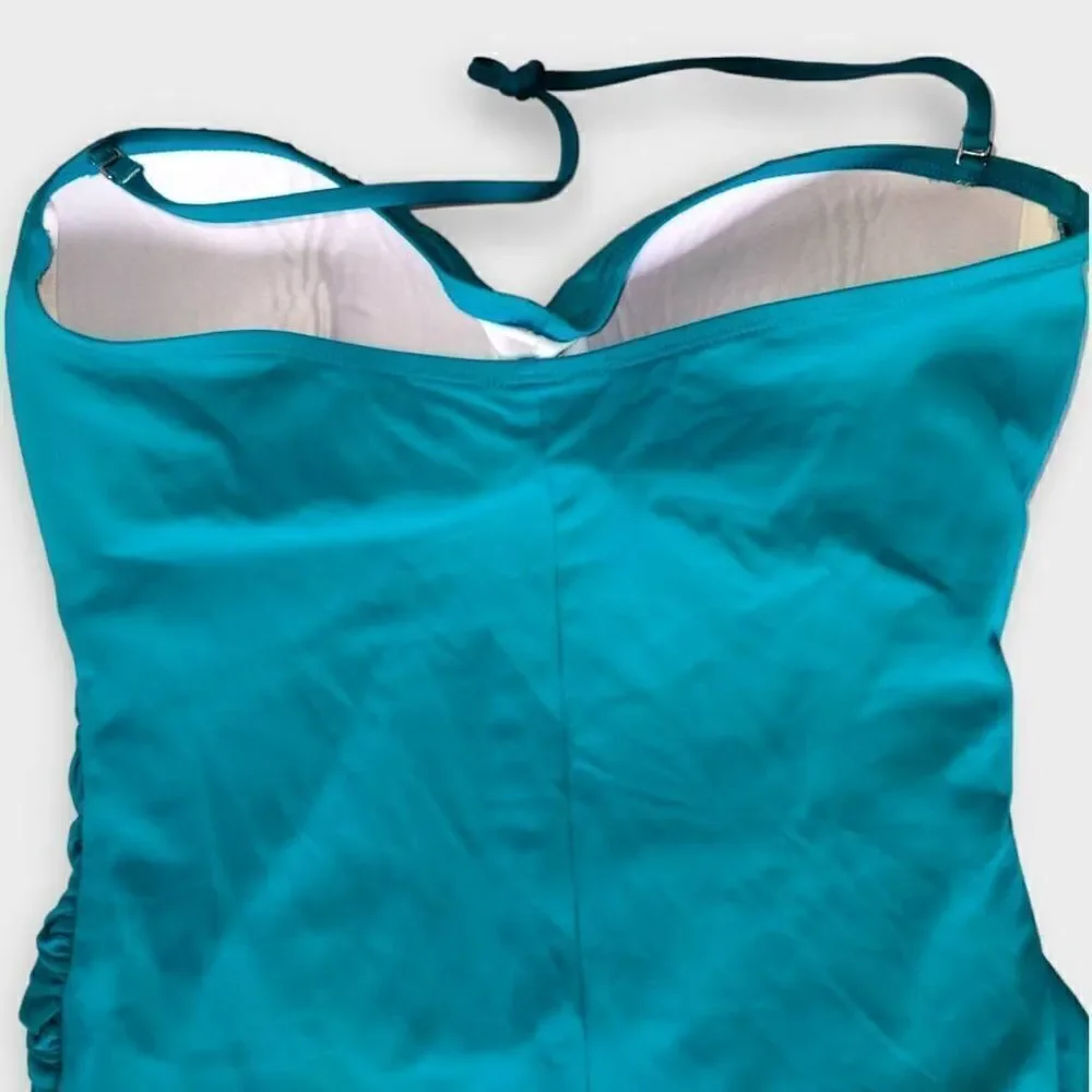 ANA Womens Swimsuit Sz 14 One Piece Turquoise Bra Support Ruched Torso High Legs